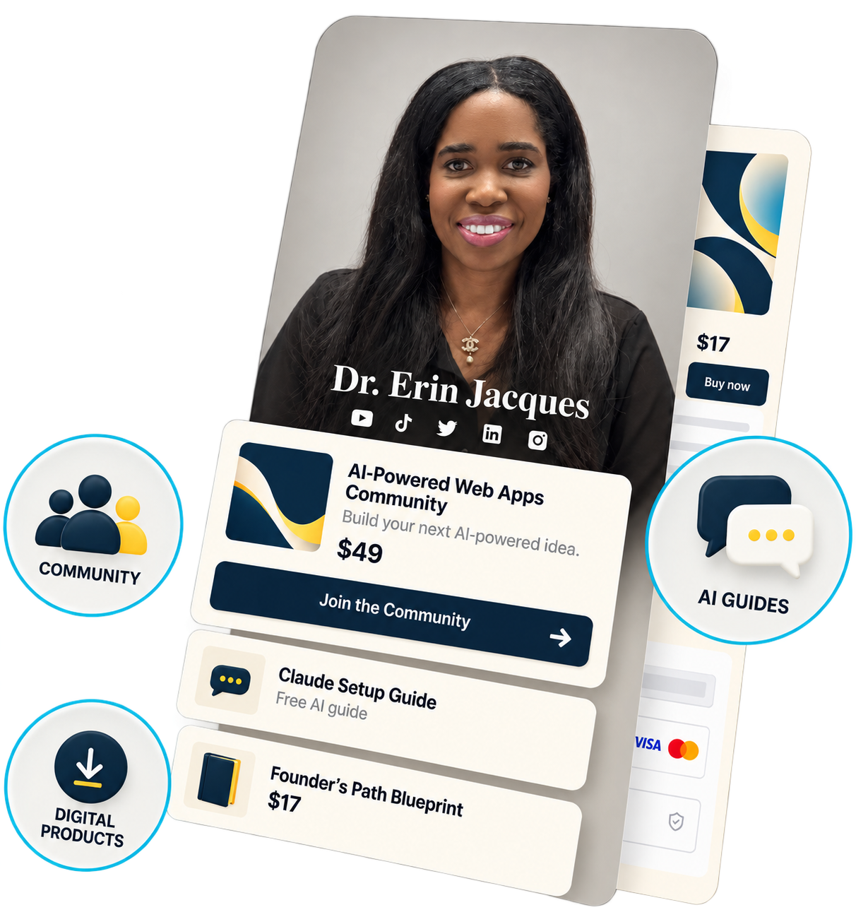 Illustration of Dr. Erin Jacques’s ChatifyIT page with her community, free AI guides, digital products, and a purchase preview.
