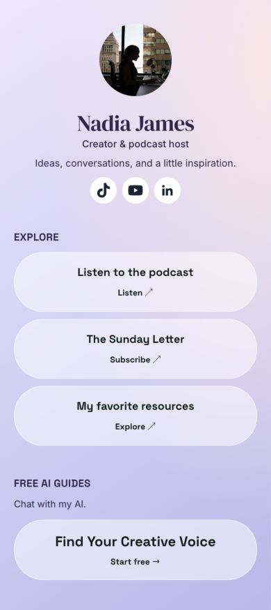Nadia James — Simple Links · Gradient + pills